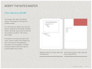 MODIFY THE NOTES MASTER
Notes layouts are flexible

​The image to the right is the default
master. The image to the far right is a
modified master.
​You can scale your slide to any size and
place it anywhere on the master. Headers,
footers, and body copy can be moved into
any position you desire. The choices
are endless.
​If you plan to only put your script in the
notes, a layout similar to the default may
work. If you plan to add supporting
information or more graphics, consider
scaling the slide and text size down to
accommodate richer content.
Default master has a large slide and
cascading text.

Scale and move the master elements
any way you’d like.

© Duarte, Inc. 2014

157

 