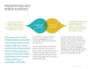 PRESENTATIONS HELP
SPREAD SLIDEDOCS

Creating a slidedoc is a
highly analytical process.
It’s more report-making
than creative, and is heavily
comprehensive in nature.

​Let’s say you’ve created a
brilliant slidedoc packed with
research, data, process, and
insights. When you need to
present it, how do you present
it? First, don’t present your
research; present the results
and findings in the research
and turn that into a
presentation with slides.

Analytical
process

Creative
process

​Use a different creative process to
develop a presentation that is an
inspirational, persuasive derivative of
your document.
​Remember back when annual reports
used to be printed? They had a thin
glossy section in the front that was very
beautiful, story-like, highly visual, and
human-centric. The rest was a dense
document that stated how the company
performed financially.

Creating a presentation that
is inspirational requires a
different mindset and
process. Incorporate stories
and pictures that will move
an audience to action.

​To make a presentation about your
slidedoc, isolate the key insights and
findings in your slidedoc. Think through
why they matter and how you want the
audience to be transformed when you
present the information. Brainstorm
metaphors, stories, and visuals that help
your information come alive and only
present that information verbally.

© Duarte, Inc. 2014

161

 