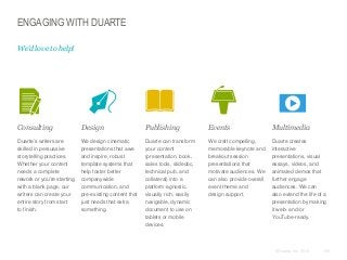 ENGAGING WITH DUARTE
We’d love to help!

​Consulting

​Design

​Publishing

​Events

​Multimedia

​Duarte’s writers are
skilled in persuasive
storytelling practices.
Whether your content
needs a complete
rework or you’re starting
with a blank page, our
writers can create your
entire story from start
to finish.

​We design cinematic
presentations that awe
and inspire, robust
template systems that
help foster better
companywide
communication, and
pre-existing content that
just needs that extra
something.

​Duarte can transform
your content
(presentation, book,
sales tools, slidedoc,
technical pub, and
collateral) into a
platform-agnostic,
visually rich, easily
navigable, dynamic
document to use on
tablets or mobile
devices.

​We craft compelling,
memorable keynote and
breakout session
presentations that
motivate audiences. We
can also provide overall
event theme and
design support.

​Duarte creates
interactive
presentations, visual
essays, videos, and
animated demos that
further engage
audiences. We can
also extend the life of a
presentation by making
it web- and/or
YouTube-ready.

© Duarte, Inc. 2014

169

 