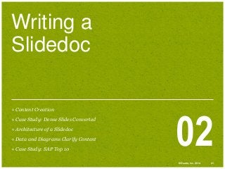 Writing a
Slidedoc
+ Content Creation
+ Case Study: Dense Slides Converted
+ Architecture of a Slidedoc
+ Data and Diagrams Clarify Content
+ Case Study: SAP Top 10

02
© Duarte, Inc. 2014

41

 