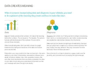 DATA CREATES MEANING
When it comes to incorporating data and diagrams in your slidedoc, you need
to be cognizant of the meaning they create and how to make that clear.

​Data

​Diagrams

​Data isn’t really just about the numbers—it’s about the meaning
behind the numbers. The conclusions. The insights. The actions
humans will take because of the numbers. It’s your job to
uncover these elements.

​Diagrams are content, too. Putting words into shapes and placing
them next to, or connecting them to, each other creates meaning
and establishes relationships between the information.

​When incorporating data, don’t just stick a chart on a page.
Determine the findings and narrative of the data and include
prose around that.
​Remember, your copy needs to be clear and succinct—the same
applies to your data. Unfortunately, presentation software has a
wealth of buttons, bullets, lines, ticks, gradients, borders, fills,
and other chart decorations that can quickly overwhelm the data
on your slide. Avoid using any unnecessary information so that
your message will come through more clearly.

​Make sure you’ve chosen the right type of relationship, because
how you place text in shapes on a surface creates meaning: Are
they similar? Are they different? Are they connected? Is there
hierarchy? Does it indicate process?
​Every time text in a shape is placed on a page, make sure the
proximity and connections are conveying the right message.

© Duarte, Inc. 2014

88

 