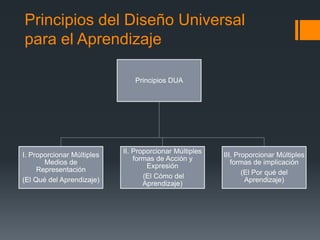 Principios del Diseño Universal
para el Aprendizaje
Principios DUA
I. Proporcionar Múltiples
Medios de
Representación
(El Qué del Aprendizaje)
II. Proporcionar Múltiples
formas de Acción y
Expresión
(El Cómo del
Aprendizaje)
III. Proporcionar Múltiples
formas de implicación
(El Por qué del
Aprendizaje)
 