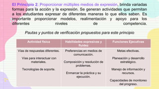 El Principio 2: Proporcionar múltiples medios de expresión, brinda variadas
formas para la acción y la expresión. Se generan actividades que permitan
a los estudiantes expresar de diferentes maneras lo que ellos saben. Es
importante proporcionar modelos, realimentación y apoyo para los
diferentes niveles de competencia.
Pautas y puntos de verificación propuestos para este principio
Actividad física Habilidades expresivas y
fluidez
Funciones Ejecutivas
Vías de respuestas diferentes.
Vías para interactuar con
materiales.
Tecnologías de soporte.
Preferencias en medios de
comunicación.
Composición y resolución de
problemas.
Enmarcar la práctica y su
ejecución.
Metas efectivas.
Planeación y desarrollo
estratégico.
Manejo de información y
recursos.
Capacidades de monitoreo
del progreso.
 