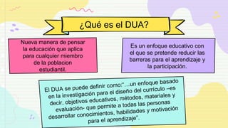¿Qué es el DUA?
Nueva manera de pensar
la educación que aplica
para cualquier miembro
de la poblacion
estudiantil.
Es un enfoque educativo con
el que se pretende reducir las
barreras para el aprendizaje y
la participación.
 