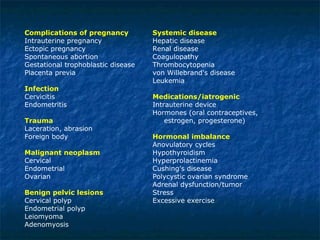 Complications of pregnancy Systemic disease   Intrauterine pregnancy Hepatic disease  Ectopic pregnancy Renal disease  Spontaneous abortion Coagulopathy  Gestational trophoblastic disease Thrombocytopenia  Placenta previa von Willebrand's disease  Leukemia Infection Cervicitis Medications/iatrogenic Endometritis Intrauterine device Hormones (oral contraceptives,  Trauma    estrogen, progesterone)  Laceration, abrasion  Foreign body  Hormonal imbalance Anovulatory cycles  Malignant neoplasm   Hypothyroidism     Cervical  Hyperprolactinemia  Endometrial   Cushing’s disease Ovarian  Polycystic ovarian syndrome  Adrenal dysfunction/tumor Benign pelvic lesions   Stress Cervical polyp Excessive exercise Endometrial polyp Leiomyoma  Adenomyosis 