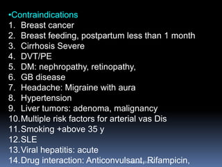 •Contraindications
1. Breast cancer
2. Breast feeding, postpartum less than 1 month
3. Cirrhosis Severe
4. DVT/PE
5. DM: nephropathy, retinopathy,
6. GB disease
7. Headache: Migraine with aura
8. Hypertension
9. Liver tumors: adenoma, malignancy
10.Multiple risk factors for arterial vas Dis
11.Smoking +above 35 y
12.SLE
13.Viral hepatitis: acute
14.Drug interaction: Anticonvulsant, Rifampicin,Aboubakr Elnashar
 