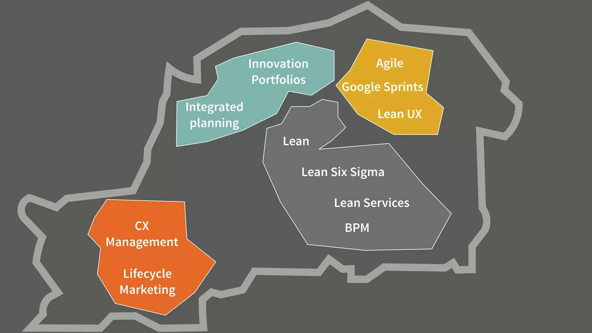 Agile
Lean
Lean UX
Google Sprints
Lean Six Sigma
Lean Services
BPM
Innovation
Portfolios
Integrated
planning
CX 
Management
Lifecycle 
Marketing
 