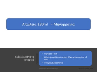 Ενδείξεις από το
ιστορικό
• Πήγματα >2cm
• Αλλαγή σερβιέτας/ταμπόν λόγω κορεσμού σε <1
ώρα
• Αναιμία/Σιδηροπενία
30ο Παγκρήτιο Παιδιατρικό Συνέδριο
 