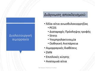 Δυσλειτουργική
αιμορραγία
• Άλλα αίτια ανωοθυλακιορρηξίας
• PCOS
• Διαταραχές Πρόσληψης τροφής
• Stress
• Υπερπρολακτιναιμία
• Ωοθηκική Ανεπάρκεια
• Αιμορραγικές διαθέσεις
• ΣΜΝ
• Επιπλοκές κύησης
• Ανατομικά αίτια
Διάγνωση αποκλεισμού:
30ο Παγκρήτιο Παιδιατρικό Συνέδριο
 