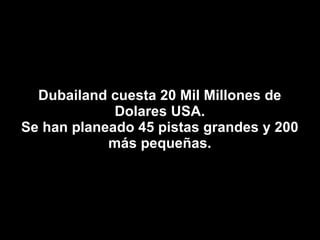 Dubailand cuesta 20 Mil Millones de Dolares USA. Se han planeado 45 pistas grandes y 200 más pequeñas. 