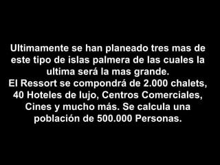 Ultimamente se han planeado tres mas de este tipo de islas palmera de las cuales la ultima será la mas grande. El Ressort se compondrá de 2.000 chalets, 40 Hoteles de lujo, Centros Comerciales, Cines y mucho más. Se calcula una población de 500.000 Personas. 