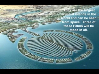 They are the largest
artificial islands in the
world and can be seen
from space. Three of
 these Palms will be
       made in all.
 