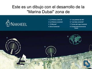 Este es un dibujo con el desarrollo de la
        "Marina Dubai" zona de
                    1. La Palmera Jebel Alí   5. “Los jardines de Alá”
                    2. La Palmera Jumeirah    6. “Las Islas Jumeirah”
                    3. “El Mundo”             7. Torres del Lago Jumeirah
                    4. Zona Comercial         8. Ciudad Internacional de
                                                      Dubai
 