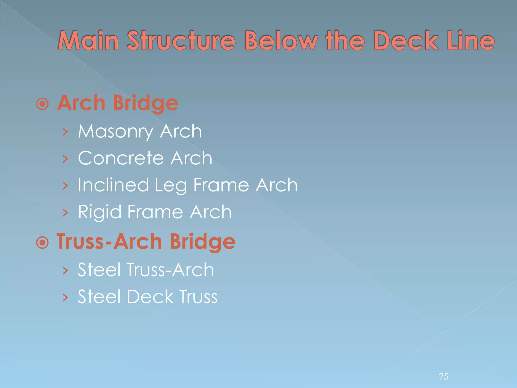  Arch Bridge
› Masonry Arch
› Concrete Arch
› Inclined Leg Frame Arch
› Rigid Frame Arch
 Truss-Arch Bridge
› Steel Truss-Arch
› Steel Deck Truss
25
 