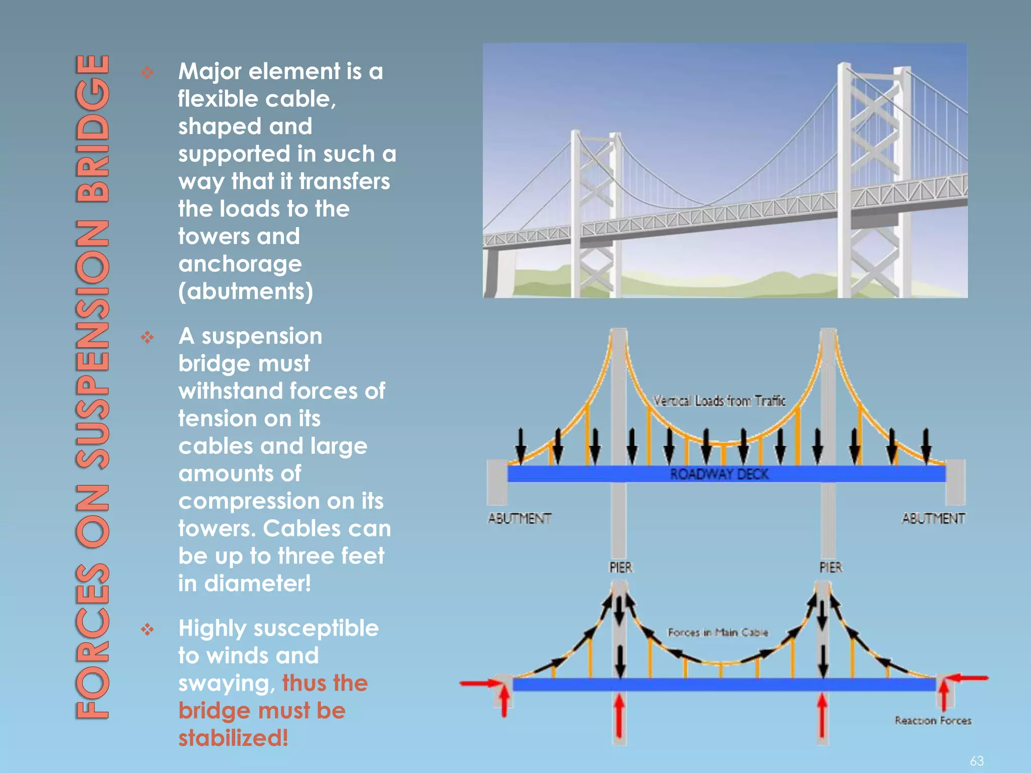  Major element is a
flexible cable,
shaped and
supported in such a
way that it transfers
the loads to the
towers and
anchorage
(abutments)
 A suspension
bridge must
withstand forces of
tension on its
cables and large
amounts of
compression on its
towers. Cables can
be up to three feet
in diameter!
 Highly susceptible
to winds and
swaying, thus the
bridge must be
stabilized!
63
 