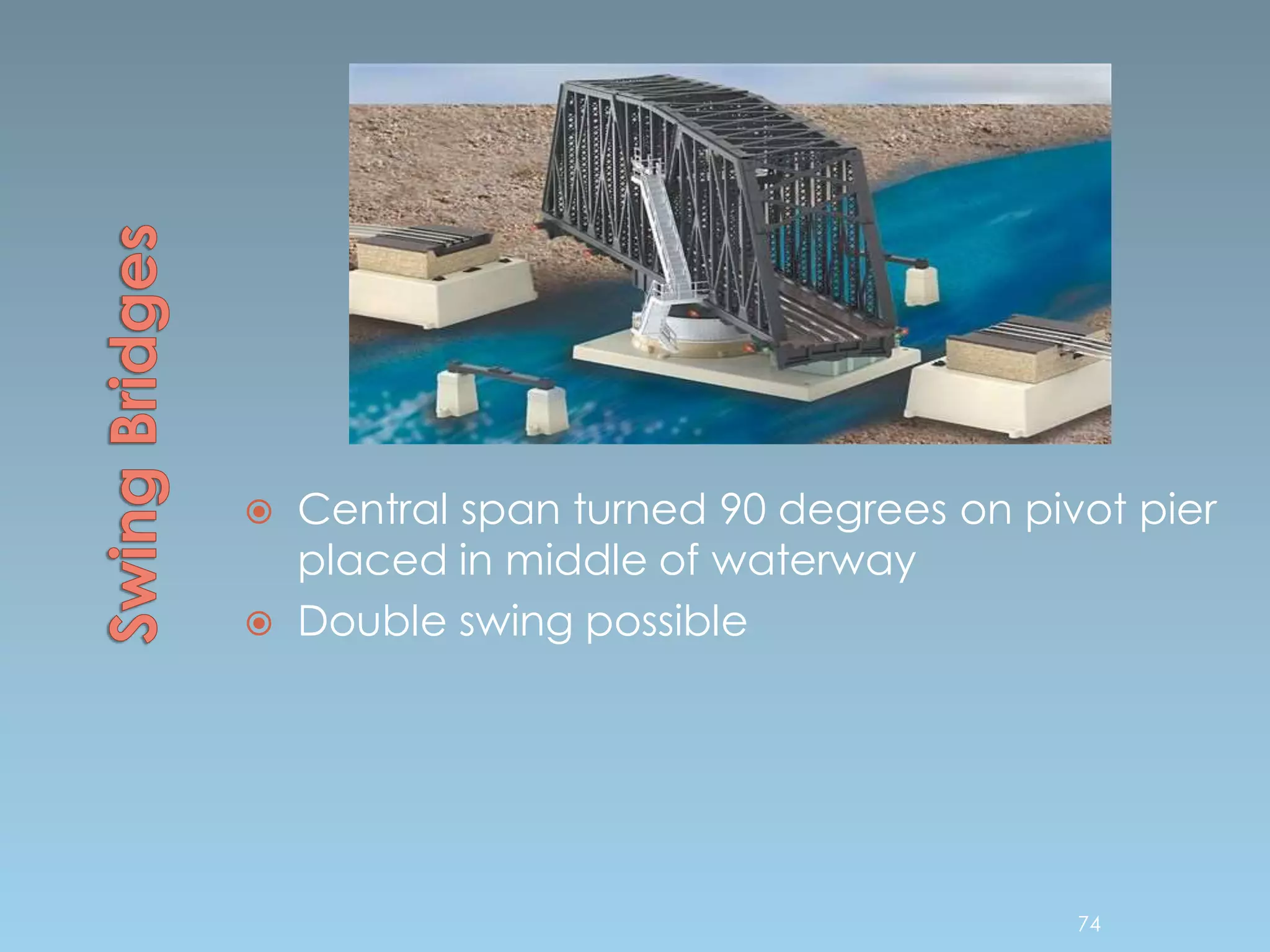  Central span turned 90 degrees on pivot pier
placed in middle of waterway
 Double swing possible
74
 