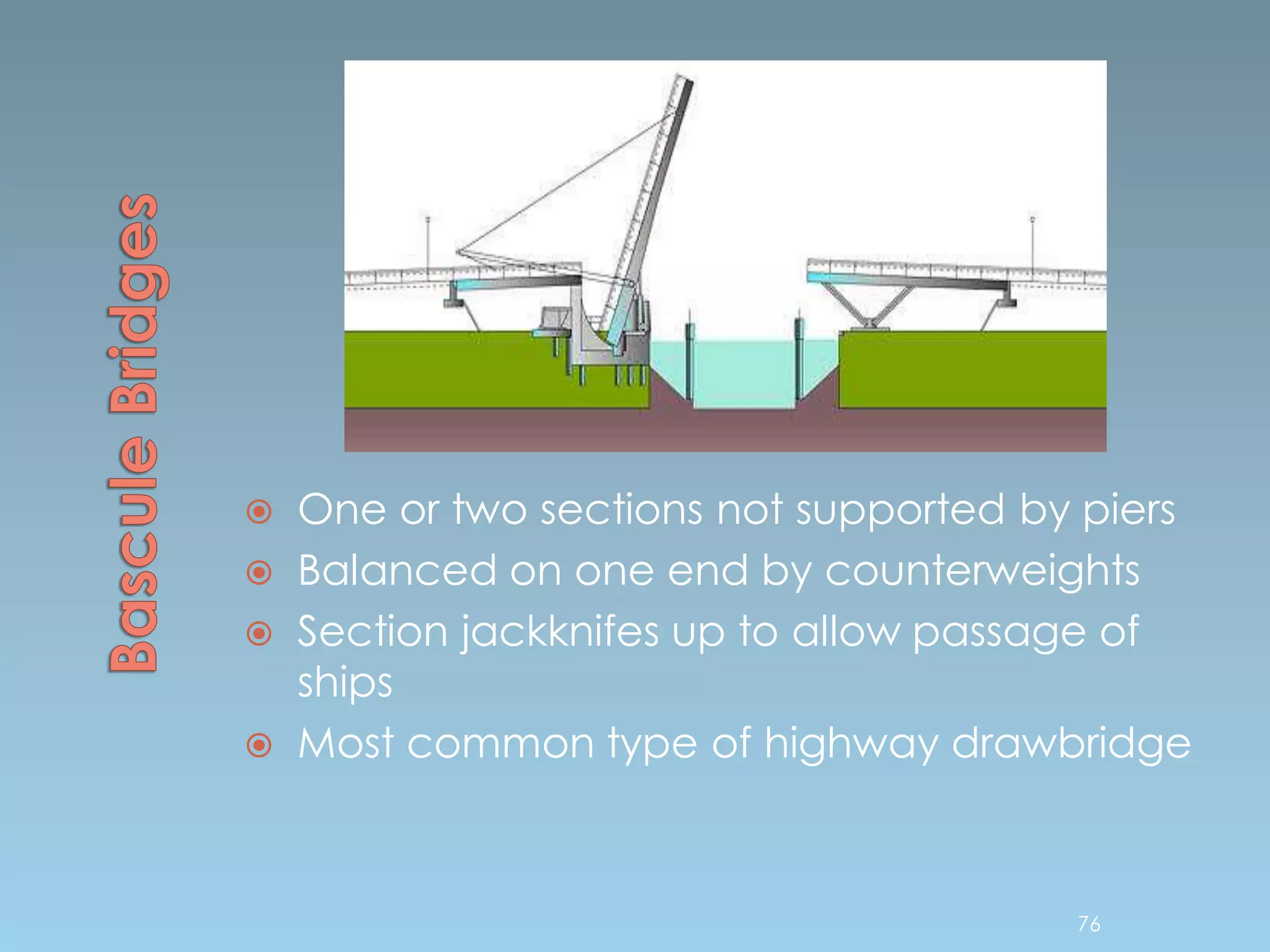  One or two sections not supported by piers
 Balanced on one end by counterweights
 Section jackknifes up to allow passage of
ships
 Most common type of highway drawbridge
76
 