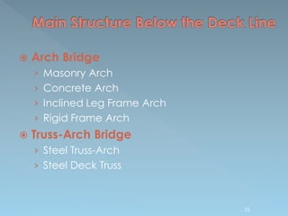  Arch Bridge
› Masonry Arch
› Concrete Arch
› Inclined Leg Frame Arch
› Rigid Frame Arch
 Truss-Arch Bridge
› Steel Truss-Arch
› Steel Deck Truss
25
 