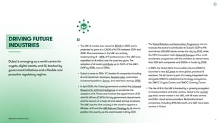 Dubai Tech: The Road to 2033
AI
The UAE AI market was valued at $3.47b in 2023 and is
projected to grow at a CAGR of 43.9% between 2024 and
2030. Plus, businesses in the UAE are actively
implementing AI – 65% of IT professionals in the UAE have
expedited an AI rollout over the past two years. The
adoption of AI could contribute up to 13.6% of the UAE’s
GDP by 2030, around $96b.
Dubai is home to 350+ VC-backed AI companies including
AI and blockchain developer, Sentient Labs, automated
investment platform, Sarwa, and retail tech startup, DTEK.
In April 2024, the Dubai government unveiled the Universal
Blueprint for Artificial Intelligence to accelerate the
adoption of AI. Phase one involved the appointment of 22
chief AI officers (CAIOs) for key government departments
and the launch of a major AI and web3 startup incubator.
The UAE was the first country in the world to appoint a
Minister of AI and the UAE National Strategy for AI aims to
position the country as the world leader in AI by 2031.
The Dubai Robotics and Automation Programme aims to
increase the sector's contribution to Dubai’s GDP to 9%
and roll-out 200,000 robots across the city by 2032, while
the DIFC Innovation Hub’s Dubai AI Campus offers an AI
accelerator programme with the ambition to attract more
than 500 tech companies and $300m in funds by 2028.
In 2024, the Dubai Multi Commodities Centre (DMCC)
launched a new AI Centre to drive global, practical AI
solutions. The AI Centre is part of a newly integrated hub
alongside DMCC’s established technology ecosystems,
the DMCC Crypto Centre and DMCC Gaming Centre.
The rise of AI in the UAE is backed by a growing ecosystem
of cloud providers and data centres. Dubai is the number
one data centre market in the UAE, with 18 data centres
and 230+ cloud service providers. Multinational tech
companies, including AWS, Microsoft, and SAP, have data
centres in Dubai.
Dubai is emerging as a world centre for
crypto, digital assets, and AI, backed by
government initiatives and a flexible and
proactive regulatory regime.
Driving Future
industries
14
 