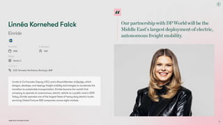 Our partnershipwith DPWorldwill be the
Middle East’s largest deployment of electric,
autonomous freight mobility.
Dubai Tech: The Road to 2033
Linnéa Kornehed Falck
Einride
Founded
2016
Employees
400
Stage
Series C
Investors
EQT, Temasek, Northzone, Barclay’s, AMF
Linnéa is Co-Founder, Deputy CEO, and a Board Member at Einride, which
designs, develops, and deploys freight mobility technologies to accelerate the
transition to sustainable transportation. Einride became the world’s first
company to operate an autonomous, electric vehicle on a public road in 2019.
Today, Einride operates one of the largest fleets of heavy-duty electric trucks
servicing Global Fortune 500 companies across eight markets.
25
 