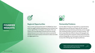 Dubai Tech: The Road to 2033
Read a startup guide to securing corporate
partnerships by Founders Factory.

Regional Opportunities
There are other growing business hubs in the Middle East. Saudi
Arabia has urged companies seeking government contracts to set
up their regional HQs in the Kingdom, and PepsiCo, PwC, and
Unilever are among 350 global companies that have recently
obtained licences to do so. Dubai must continue to promote its
friendly and innovative business environment to attract and retain
the biggest global firms.
Partnership Problems
Less than 30% of startups who responded to a corporate-startup
study by McKinsey said they were happy with their corporate
partnerships. Any corporate-startup partnership can be a struggle,
with contrasting priorities, structures, and ways of working – and
that’s compounded when different cultures and languages meet.
Founders partnering with companies in Dubai should choose their
partners strategically, set common goals, and tap into local talent
to ensure their offerings align with regional preferences.
Founder 
Insights
29
 