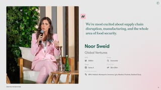 We’remostexcitedaboutsupplychain
disruption,manufacturing,andthewhole
areaoffoodsecurity.
Dubai Tech: The Road to 2033
Noor Sweid
Global Ventures
AUM
$350m
Focus
Generalist
Stage
Series A
Ticket Size
$5m-$10m
Portfolio Includes
ABHI, Hakbah, Moniepoint, Immensa, iyris, Maalexi, Proximie, Seafood Souq
52
 