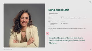 We’rebuildingaportfoliooffintechand
fintech-enabledstartupsinGlobalGrowth
Markets.
DubaiTech:TheRoadto2033
RanaAbdelLatif
Speedinvest
AUM
$1.2b
Focus
Fintech,Health,Deeptech,Climate,SaaS,Marketplaces
Stage
Seed,withspecific
fundsinvestingin
SeriesA+
TicketSize
$1.5m-$5m
PortfolioIncludes
Abhi,Bitpanda,Flow48,GoStudent,Khazna,Kema,Moove,PalmHr,Pemo,Shopup,Tide,
Wayflier
54
 