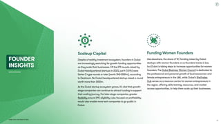 Dubai Tech: The Road to 2033
Scaleup Capital
Despite a healthy investment ecosystem, founders in Dubai
are increasingly searching for growth funding opportunities
as they scale their businesses. Of the 273 rounds raised by
Dubai-headquartered startups in 2023, just 4 (1.5%) were
Series C-type rounds or later (worth $40-$100m), according
to Dealroom. No Dubai-headquartered startup raised a round
worth more than $100m. 

As the Dubai startup ecosystem grows, it’s vital that growth-
stage companies can continue to attract funding to support
their scaling journey. For later-stage companies, greater
flexibility around IPO eligibility rules focused on profitability
would also enable more tech companies to go public in
Dubai.
Funding Women Founders
Like elsewhere, the share of VC funding raised by Dubai
startups with women founders or co-founders tracks is low,
but Dubai is taking steps to increase opportunities for women
founders. The Dubai Business Women Council is dedicated to
the professional and personal growth of businesswomen and
female entrepreneurs in the UAE, while Dubai’s SheTrades
Hub serves as a resource centre for women entrepreneurs in
the region, offering skills training, resources, and market
access opportunities, to help them scale up their businesses.
Founder 
Insights
56
 