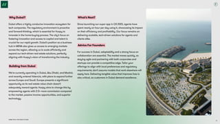Dubai Tech: The Road to 2033
What’s Next?
Since launching our super app in Q3 2023, agents have
spent nearly an hour per day using it, showcasing its impact
on their efficiency and profitability. Our focus remains on
delivering scalable, tech-driven solutions for agents and
clients alike.
Advice For Founders
For success in Dubai, adaptability and a strong focus on
collaboration are essential. The market moves quickly, so
staying agile and partnering with both corporates and
startups can provide a competitive edge. Tailor your
offerings to align with local preferences and regulatory
requirements; don’t assume models that work elsewhere will
apply here. Delivering tangible value that improves lives is
also critical, as customers in Dubai demand excellence.
Why Dubai?
Dubai offers a highly conducive innovation ecosystem for
tech companies. The regulatory environment is proactive
and forward-thinking, which is essential for Huspy to
innovate in the home-buying process. The city’s focus on
fostering innovation and access to capital and talent is
crucial for our rapid growth. Dubai’s position as a business
hub in MENA also gives us access to emerging markets
across the region, allowing us to scale efficiently and
expand our tech-driven real estate solutions, perfectly
aligning with Huspy’s vision of transforming the industry.
Building from Dubai
We're currently operating in Dubai, Abu Dhabi, and Madrid,
and recently entered Valencia, with plans to expand further
across Europe and Saudi. Europe presents a significant
opportunity as its real estate value chain doesn’t
adequately reward agents. Huspy aims to change this by
empowering agents with 2-3x more commission compared
to the market, passive income opportunities, and superior
technology.
62
 