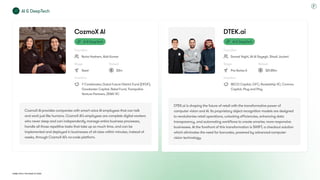 Dubai Tech: The Road to 2033
DTEK.ai
Founders
Sanad Yaghi, Ali Al Sayegh, Shadi Joulani
Stage
Pre-Series A
Raised
$21.85m
Investors
BECO Capital, GFC, Rocketship VC, Comma
Capital, Plug and Play
DTEK.ai
AI & DeepTech
Founders
Sanad Yaghi, Ali Al Sayegh, Shadi Joulani
Stage
Pre-Series A
Raised
$21.85m
Investors
BECO Capital, GFC, Rocketship VC, Comma
Capital, Plug and Play
DTEK.ai is shaping the future of retail with the transformative power of
computer vision and AI. Its proprietary object recognition models are designed
to revolutionise retail operations, unlocking efficiencies, enhancing data
transparency, and automating workflows to create smarter, more responsive
businesses. At the forefront of this transformation is SWIFT, a checkout solution
which eliminates the need for barcodes, powered by advanced computer
vision technology.
CozmoX Al
Founders
Nuha Hashem, Alok Kumar
Stage
Seed
Raised
$3m
Investors
Y Combinator, Dubai Future District Fund (DFDF),
Goodwater Capital, Rebel Fund, Trampoline
Venture Partners, ZEMU VC
CozmoX Al
AI & DeepTech
Founders
Nuha Hashem, Alok Kumar
Stage
Seed
Raised
$3m
Investors
Y Combinator, Dubai Future District Fund (DFDF),
Goodwater Capital, Rebel Fund, Trampoline
Venture Partners, ZEMU VC
CozmoX AI provides companies with smart voice AI employees that can talk
and work just like humans. CozmoX AI’s employees are complete digital workers
who never sleep and can independently manage entire business processes,
handle all those repetitive tasks that take up so much time, and can be
implemented and deployed in businesses of all sizes within minutes, instead of
weeks, through CozmoX AI’s no-code platform.
AI & DeepTech
 