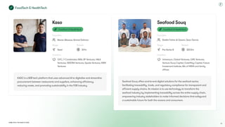 Dubai Tech: The Road to 2033
Kaso
Founders
Manar Alkassar, Ahmed Soliman
Stage
Seed
Raised
$17m
Investors
GFC, Y Combinator, MSA, BY Ventures, HALA
Ventures, SEEDRA Ventures, Spade Ventures, KBW
Ventures
Kaso
FoodTech & HealthTech
Founders
Manar Alkassar, Ahmed Soliman
Stage
Seed
Raised
$17m
Investors
GFC, Y Combinator, MSA, BY Ventures, HALA
Ventures, SEEDRA Ventures, Spade Ventures, KBW
Ventures
KASO is a B2B tech platform that uses advanced AI to digitalise and streamline
procurement between restaurants and suppliers, enhancing efficiency,
reducing waste, and promoting sustainability in the F&B industry.
Seafood Souq
Founders
Sheikh Fahim Al Qasimi, Sean Dennis
Stage
Pre-Series B
Raised
$23.5m
Investors
Universum, Global Ventures, GRIL Ventures,
Venture Souq Capital, GateWay Capital, Future
Investment Institute, Mix of HNWI and family
offices
Seafood Souq
FoodTech & HealthTech
Founders
Sheikh Fahim Al Qasimi, Sean Dennis
Stage
Pre-Series B
Raised
$23.5m
Investors
Universum, Global Ventures, GRIL Ventures,
Venture Souq Capital, GateWay Capital, Future
Investment Institute, Mix of HNWI and family
offices
Seafood Souq offers end-to-end digital solutions for the seafood sector,
facilitating traceability, trade, and regulatory compliance for transparent and
efficient supply chains. Its mission is to use technology to transform the
seafood industry by implementing traceability across the entire supply chain,
empowering industry stakeholders to make informed decisions that safeguard
a sustainable future for both the oceans and consumers.
FoodTech & HealthTech
83
 