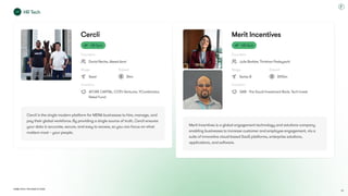 Dubai Tech: The Road to 2033
Cercli
Founders
David Reche, Akeed Azmi
Stage
Seed
Raised
$4m
Investors
AFORE CAPITAL, COTU Ventures, YCombinator,
Rebel Fund
Cercli
HR Tech
Founders
David Reche, Akeed Azmi
Stage
Seed
Raised
$4m
Investors
AFORE CAPITAL, COTU Ventures, YCombinator,
Rebel Fund
Cercli is the single modern platform for MENA businesses to hire, manage, and
pay their global workforce. By providing a single source of truth, Cercli ensures
your data is accurate, secure, and easy to access, so you can focus on what
matters most – your people.
Merit Incentives
Founders
Julie Barbier, Thrishan Padayachi
Stage
Series B
Raised
$19.5m
Investors
SAIB - The Saudi Investment Bank, Tech Invest
Merit Incentives
HR Tech
Founders
Julie Barbier, Thrishan Padayachi
Stage
Series B
Raised
$19.5m
Investors
SAIB - The Saudi Investment Bank, Tech Invest
Merit Incentives is a global engagement technology and solutions company
enabling businesses to increase customer and employee engagement, via a
suite of innovative cloud-based SaaS platforms, enterprise solutions,
applications, and software.
HR Tech
85
 