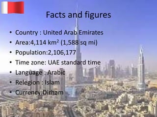 Facts and figures
• Country : United Arab Emirates
• Area:4,114 km2 (1,588 sq mi)
• Population:2,106,177
• Time zone: UAE standard time
• Language : Arabic
• Relegion : Islam
• Currency:Dirham
20-03-2015 GK 4
 