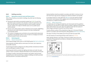 Dubai Building Code Part B: Architecture
B 87
B.8.3 Building amenities
B.8.3.1 Gymnasiums, exercise rooms and fitness centres
When fitness facilities are provided in buildings, they shall meet the following
requirements.
a) Flooring and walls shall be acoustically insulated (see H.10.3.3), and if the
gymnasium space is located on the roof deck or above the apartments, their
floors and walls shall be treated with effective sound insulation materials.
Acoustic isolation from adjacent habitable spaces and occupiable spaces
shall be attained.
b) Exercise rooms which produce noises of vibrations (such as karate, weightlifting
gymnasiums and similar) should be situated at the lower building levels
or acoustically treated.
c) The number of changing rooms and lockers to be provided shall be determined
according to the expected number of users. At least one changing room/locker
shall be provided for both men and women.
B.8.3.2 Swimming pools
B.8.3.2.1 General requirements
Swimming pool designs shall conform to DM PH&SD guides [Ref. B.43 to Ref. B.45].
Swimming pools and decks shall be constructed of non-toxic, inert, impervious
and durable materials.
A swimming pool shall be configured to be safely patrolled, maintained and cleaned
and to provide good circulation of water.
Swimming pools shall be provided with lighting, both above and under the water
surface in order to provide an adequate illumination for the overall area of the pool.
The design of outdoor swimming pools located at roof, podium roofs and other
elevated locations shall provide privacy to adjacent buildings and shall be provided
with fall protection in accordance with B.4.2.5.2.
Sanitary facilities should be provided in accordance with B.8.1. A minimum of one
from each fixture type and one changing room shall be provided for each gender.
In accordance with Ch.3. of the UAE FLSC [Ref. B.1], two exits shall be provided
from exterior swimming pool decks, jogging tracks and landscaping areas when
the distance to a single exit exceeds 30 m.
B.8.3.2.2 Safety requirements
A suitable place for the lifeguard’s highchair, and notice boards with the guidelines
and policies for the swimmers to follow, shall be provided. A signboard showing water
depth shall be fitted at the pool’s edge. The signboard shall mark the location of
slope changes showing the maximum and minimum depth.
Provide sufficient number of life saving devices (rings, etc.) in the area. All details
shall be in accordance with swimming pools safety guidelines [Ref. B.43 to Ref. B.45].
The slope in the floor of the shallow area of the pool shall not exceed 10%.
The slip resistance of swimming pool floors shall conform to C.7.2.1.2.
Safety signage advising on the danger of diving into shallow areas and on the
prevention of drowning shall be provided as mandated by relevant Authority as
shown in Figure B.79.
Figure B.79 Safety sign (© International Code Council 2014. Figure based on diagram of the 2015 International
swimming pool and spa code. Washington, D.C.: International Code Council. Reproduced with permission. All
rights reserved. www.ICCSAFE.org)
WARNING
RESCUE:
NO DIVING! PREVENT
DROWNING
You can be
permanently injured.
Shallow water.
Watch children
at all time.
 