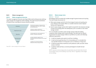 Dubai Building Code Part B: Architecture
B 94
B.8.5 Waste management
B.8.5.1 Waste management hierarchy
The waste management hierarchy (see Figure B.84) shall be followed when defining
waste storage and management within buildings. This shall include the facilitation
of material reuse, recycling and recovery wherever possible.
Figure B.84 Waste management hierarchy diagram
Prevention
Preparing for reuse
Recycling
Other Recovery
Disposal
Minimise the quantity of materials from
consumptions and those used in design
and manufacturing
Checking, cleaning, repairing or
refurbishing whole items or spare parts
Turning waste into a new substance or
product, including composting
Includes anaerobic digestion and
incineration/thermal treatment with energy
recovery
Landfill and incineration/thermal
treatment without energy recover
B.8.5.2 Waste storage rooms
B.8.5.2.1 General
All buildings shall be provided with suitable storage for general waste and recycling.
This shall include the provision of:
a) Main waste storage room(s) for the final storage of waste and recycling prior
to its collection and transfer offsite to a suitable treatment and/or disposal
facility; and (if appropriate)
b) Interim waste storage room(s) which might be required for the temporary storage
of waste and recycling within the development, prior to transfer to main waste
storage room(s).
If it is not feasible to provide a waste storage room(s) inside the building,
a separate onsite storage area(s) may be provided. This shall meet the relevant
requirements for waste storage in B.8.5.2.2 and B.8.5.2.3 as well as the following
additional requirements.
1) It shall not impede access points to and from a building.
2) It shall not be located less than 2.5 m horizontally and 5 m vertically from
any openable windows of a living space such as a bedroom or living room.
3) It shall be located where interference with pedestrian traffic and other vehicle
access is minimal.
4) It shall be roofed and have a concrete pad designed to handle the load
of the bins.
NOTE: Separate onsite storage areas are generally only permitted when the GA
of the largest storey of the building is less than 250 m2
, regardless of the height
of the building.
 