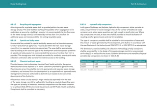 Dubai Building Code Part B: Architecture
B 98
B.8.5.3 Recycling and segregation
A sorting area for recyclable waste shall be provided within the main waste
storage area(s). This shall facilitate sorting of recyclables where segregation is not
undertaken at source by a building’s tenants. It is recommended that the floor area
of the waste storage room(s) is increased by not less than 5 m², to allow for
additional space and manoeuvrability for sorting recyclable waste.
B.8.5.4 Special and bulky waste
An area shall be provided for special and bulky wastes such as hazardous wastes,
furniture and electrical appliances. This may be within the main waste storage
room(s) or in a separate location as appropriate. The area shall be appropriately
sized according to the size and type of the development and the expected quantities
of special and bulky waste. It is recommended that an area of not less than 5 m2
is
provided. This storage area shall be easily accessible for residents, tenants and waste
collection contractors alike and shall not restrict access to the building.
B.8.5.5 Chemical and toxic waste
Chemical wastes, toxic substances, chemical/toxic liquids and other dangerous
materials shall not be disposed of in waste containers provided for general waste.
If such wastes arise, they shall be stored in appropriate and separate waste storage
containers, and removed from the development by an appointed and approved waste
management contractor authorized to deal with such wastes by the concerned
departments of the Authority.
If hazardous waste is to be stored, it might need to be separated from the rest
of the waste storage room(s) by walls and/or bunding as required, depending upon
the type and quantity of materials, materials composition and the waste container
to be utilized. DCD, DM Environment Department and DM Public Health and Safety
Department shall be consulted as necessary.
B.8.5.6 Hydraulic skip compactors
In all types of buildings and facilities, hydraulic skip compactors, either portable or
static, are permitted for waste storage in lieu of the number of traditional waste
containers, and where waste quantities are high enough to justify their use. Where
skip compactors are used, at least two shall be provided to ensure facilitation of
recycling; one for general waste and one for recyclables.
The type of compactor provided shall be suitable for the composition of waste and
the amount of waste generated by the development, and shall be in accordance with
the specifications of the Authority and DIN 30722-1 to DIN 30722-3 as appropriate.
The dimensions, manoeuvrability and collection methodology of skip compactors
shall be accounted for in the design of the waste storage room(s) or any provided
service bay(s) as well as the site access. Guideline dimensions and examples of typical
portable skip compactors are shown in Table B.30.
Capacity (litres) Add capacity (m3
) Width (W) (mm) Length (L) (mm) Height (H) (mm)
10,000 1,000 2,015 4,400 2,500
20,000 2,000 2,550 6,390 2,560
Table B.30 Portable skip compactors
 