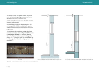 Dubai Building Code Part B: Architecture
B 105
The women’s prayer hall shall be located near to the
main road access and parking areas and shall not be
allocated in the mosque basement floor.
An indicative mihrab or wall recess should be provided
to inform Qibla direction.
Visual and audio connection between women’s and
men’s prayer halls shall be provided. Audio systems
shall provide appropriate sound levels into the women
prayer room.
The connection can be provided through perforated
screen or openings as shown in Figure B.90. The screen
or opening shall be placed at a minimum height of
2.1 m if both prayer halls are located on the ground
floor or at 1.2 m minimum when the female prayer hall
is on the upper level above the male prayer room and
overlooking it.
≥1,200
≥2,100
(c) 1.2 m high screen when women's prayer hall is above men's prayer hall
Figure B.90 Visual and audio connection between women's and men's prayer halls
(a) Screen (b) 2.1 m high screen when both prayer halls are at ground floor
 