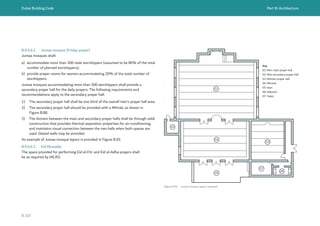Dubai Building Code Part B: Architecture
B 107
B.9.4.6.2 Jumaa mosque (Friday prayer)
Jumaa mosques shall:
a) accommodate more than 300 male worshippers (assumed to be 80% of the total
number of planned worshippers);
b) provide prayer rooms for women accommodating 20% of the total number of
worshippers.
Jumaa mosques accommodating more than 500 worshippers shall provide a
secondary prayer hall for the daily prayers. The following requirements and
recommendations apply to the secondary prayer hall.
1) The secondary prayer hall shall be one third of the overall men’s prayer hall area.
2) The secondary prayer hall should be provided with a Mihrab, as shown in
Figure B.88.
3) The division between the main and secondary prayer halls shall be through solid
construction that provides thermal separation properties for air-conditioning,
and maintains visual connection between the two halls when both spaces are
used. Glazed walls may be provided.
An example of Jumaa mosque layout is provided in Figure B.92.
B.9.4.6.3 Eid Mussalla
The space provided for performing Eid al-Fitr and Eid al-Adha prayers shall
be as required by IACAD.
01
02
05
04
03
06
07
Figure B.92 Jumaa mosque layout example
Key
01: Men main prayer hall
02: Men secondary prayer hall
03: Women prayer hall
04: Minaret
05: Iwan
06: Ablution
07: Toilet
 