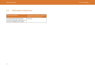Dubai Building Code Part C: Accessibility
C 2
C.1 Performance statements
Performance statement The performance statement will be met
by following the requirements of:
The building shall make reasonable
provision for all people to gain access to
and use the building and its facilities.
C.4 to C.11
 