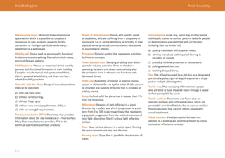 Dubai Building Code Part C: Accessibility
C 4
Manoeuvring space: Minimum three-dimensional
space within which it is possible to complete a
manoeuvre to gain access to a specific facility,
component or fitting, in particular while using a
wheelchair or a walking aid.
Mobility aid: Device used by persons with functional
limitations to assist walking. Examples include canes,
arm crutches and walkers.
Mobility device: Manual or motorized device used by
persons with functional limitations in their mobility.
Examples include manual and sports wheelchairs,
electric powered wheelchairs, and three and four-
wheeled mobility scooters.
Operable with the elbow: Range of manual operations
that can be executed:
a) with one hand only;
b) without wrist turning;
c) without finger grip;
d) without very precise psychomotor skills; or
e) with low strength requirements.
Pendulum test value (PTV): Parameter that provides
information about the slip resistance of a floor surface.
Many floor manufacturers provide a PTV in the
technical specifications of their products.
People of determination: People with specific needs
or disabilities, who are suffering from a temporary or
permanent, full or partial deficiency or infirmity in their
physical, sensory, mental, communication, educational
or psychological abilities.
Pictogram: Pictorial symbol that represents activities,
facilities or concepts.
Power-assisted door: Swinging or sliding door which
opens by reduced activation force on the door-
operating hardware and closes automatically after
the activation force is released and functions with
decreased forces.
Public use: Availability of interior or exterior rooms,
spaces or elements for use by the public. Public use can
be provided at a building or facility that is privately or
publicly owned.
Ramp: Inclined solid flat plane that is steeper than 5%
from the horizontal.
Reflectance: Measure of light reflected in a given
direction by a surface and which is expressed in a unit
term from 0 to 100 scale, respectively, that represents
a grey scale progression from the notional extremes of
total light absorption (black) to total light reflection
(white).
Riser: Near-vertical element in a set of stairs, forming
the space between one step and the next
Running slope: Slope that is parallel to the direction of
travel.
Service animal: Guide dog, signal dog or other animal
individually trained to work or perform tasks for people
of determination and identified with certification,
including (but not limited to):
a) guiding individuals with impaired vision;
b) alerting individuals with impaired hearing to
intruders or sounds;
c) providing minimal protection or rescue work;
d) pulling a wheelchair; and
e) fetching dropped items.
Site: Plot of land bounded by a plot line or a designated
portion of a public right-of-way. A site can be a single
plot or multiple plots together.
Tactile map: Map conveying information to people
who are blind or have impaired vision through a raised
surface perceptible by touch.
Tactile surfaces: Pavements and floors that are
textured surfaces with contrasted colour, which are
perceptible and identifiable by feel or cane or residual
functional vision, that warn or inform people with
visual impairment.
Visual contrast: Visual perception between one
element of a building and another achieved by colour,
textural or reflectance contrast.
 