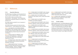 Dubai Building Code Part C: Accessibility
C 7
Ref. C.5 DUBAI HEAL
TH AUTHORITY, 2012. Hospital
regulations. UAE: Ministry of Health and Prevention.
Ref. C.6 DUBAI HEAL
TH AUTHORITY, 2012.
Standards for day surgery centers. Dubai: Dubai Health
Authority.
Ref. C.7 DUBAI HEAL
TH AUTHORITY, 2012.
Outpatient care facilities regulation.
Ref. C.8 DUBAI HEAL
TH AUTHORITY, 2012. Clinical
laboratory regulation. Dubai: Dubai Health Authority.
Ref. C.9 DUBAI HEAL
TH AUTHORITY, 2012.
Diagnostic imaging services regulation. Dubai: Dubai
Health Authority.
Ref. C.10 DUBAI HEAL
TH AUTHORITY, 2013. Dental
laboratory regulation. Dubai: Dubai Health Authority.
Ref. C.11 DUBAI HEAL
TH AUTHORITY, 2014. School
clinic regulation. Dubai: Dubai Health Authority.
Ref. C.12 DUBAI HEAL
TH AUTHORITY, 2016.
Regulation for oncology services. Dubai: Dubai Health
Authority.
Ref. C.13 DUBAI HEAL
TH AUTHORITY, 2016.
Regulation for optical center and optometry services.
Dubai: Dubai Health Authority.
Ref. C.14 DUBAI HEAL
TH AUTHORITY, 2013.
Regulation for renal dialysis services. Dubai: Dubai
Health Authority.
Ref. C.15 DUBAI HEAL
TH AUTHORITY, 2019. DHA
Health facility guidelines – Part C – Access, mobility,
OH&S. Dubai: Dubai Health Authority.
Ref. C.16 ROADS AND TRANSPORT AUTHORITY,
2014. Dubai Access management manual. Dubai:
Roads and Transport Authority.
C.3.2 Further reading
GREAT BRITAIN, 2015. The Building Regulations 2010,
Approved Document M: Access to and use of buildings
– Volume 2: Buildings other than dwellings. 2015 ed.
London: The National Building Specification (NBS).
CANADIAN HUMAN RIGHTS COMMISSION, 2006.
International best practices in universal design, a global
review. Ontario: Canadian Human Rights Commission.
C.3 References
C.3.1 Essential references
BS 8300, Design of buildings and their approaches to
meet the needs of disabled people – Code of practice
BS EN 13036-4, Road and airfield surface
characteristics – Test methods – Part 4: Method for
measurement of slip/skid resistance of a surface: The
pendulum test
ISO 7000, Graphical symbols for use on equipment –
Index and synopsis
ISO 23599, Assistive products for blind and vision-
impaired persons – Tactile walking surface indicators.
Ref. C.1 UAE MINISTRY OF INTERIOR GENERAL
COMMAND OF CIVIL DEFENCE, 2018. UAE Fire and
Life Safety Code of Practice (UAE FLSC). United Arab
Emirates: Ministry of Interior General Command of
Civil Defence.
Ref. C.2 UNITED STATES OF AMERICA, 2010.
Americans with Disability Act – Standards for
accessible design 2010 (ADA). Washington:
Department of Justice.
Ref. C.3 INTERNATIONALPARAL
YMPIC COMMITTEE,
2015. Accessibility Guide. Germany: International
Paralympic Committee.
Ref. C.4 GREAT BRITAIN, 2015. The Building
Regulations 2010, Approved Document M: Access to
and use of buildings – Volume 1: Dwellings. London:
The National Building Specification (NBS).
 