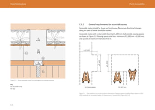 Dubai Building Code Part C: Accessibility
C 9
Figure C.1 Direct accessible route from parking area to building entrances
Key
01: Accessible route
02: Sign
C.5.2 General requirements for accessible routes
Accessible routes should be linear and continuous. Numerous directional changes
along the path of travel should be avoided.
Accessible routes with a clear width less than 1,500 mm shall provide passing spaces
as shown in Figure C.2. Passing spaces shall be a minimum of 1,500 mm × 1,500 mm,
and spaced at maximum intervals of 50 m.
Figure C.2 Clear widths at turns and minimum dimensions of passing spaces (modified figure based on 2010
ADA Standards for Accessible Design, US Department of Justice 2010, Figure 403.5.2)
≥1,500
≥1,500
(a) Passing spaces
≥1,500
(b) 180° turn
 