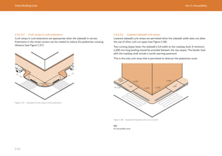 Dubai Building Code Part C: Accessibility
C 43
C.6.2.2.3 Curb ramps in curb extensions
Curb ramps in curb extensions are appropriate when the sidewalk is narrow.
Extensions in the street corners can be created to reduce the pedestrian crossing
distance (see Figure C.57).
Figure C.57 Example of curb ramps in curb extensions
C.6.2.2.4 Lowered sidewalk curb ramps
Lowered sidewalk curb ramps are permitted when the sidewalk width does not allow
the use of other curb cut types (see Figure C.58).
Two running slopes lower the sidewalk’s full width to the roadway level. A minimum
1,200 mm long landing should be provided between the two slopes. The border level
with the roadway shall include a tactile warning pavement.
This is the only curb ramp that is permitted to obstruct the pedestrian route.
≤5%
≤5%
2,400 2,400
1,200 1,200
75-120
Figure C.58 Example of lowered curb cut in a corner
Key
01: Accessible route
 