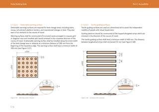 Dubai Building Code Part C: Accessibility
C 51
C.7.2.2.2 Detectable warning surface
Detectable warnings surfaces are required for level change areas, including stairs,
ramps, rail and port platform borders, and unprotected changes in level. They also
warn of an obstacle on the course of travel.
Warning surfaces shall be constructed of truncated cones arranged in a square grid
or diagonal rows and installed with bands oriented in the crosswise direction of the
course of travel. A detectable warning surface shall be installed along the entire width
of the level change area or obstacle at a minimum distance of 300 mm from the
beginning of the hazardous edge. The warning surface shall have a minimum width of
300 mm (see Figure C.67).
≥300
≥300
Figure C.67 Warning surface example
C.7.2.2.3 Tactile guiding surfaces
Tactile guiding surfaces are used as a directional aid to assist the independent
mobility of people with visual impairment.
Guiding patterns should be constructed of flat-topped elongated strips which are
oriented in the direction of the course of travel.
The tactile guiding surface shall have a minimum width of 400 mm. The distance
between longitudinal strips shall not exceed 32 mm (see Figure C.68).
Figure C.68 Guiding surface example
≤32
≥400
 