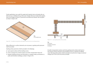 Dubai Building Code Part C: Accessibility
C 52
Tactile wayfinding is very useful for people with impaired vision and people who are
blind and use a mobility aid (e.g. white cane). Tactile references include walls, façades,
doors and changes of texture in pavements and differences between tiles and grass
as shown in Figure C.69.
Figure C.69 Accessible route pavement with different texture from the surrounding pavement
Key
01: Accessible route
When differences in surface treatments are not present, a guiding tactile pavement
shall be provided.
Guiding surface pavements shall be provided in the following:
a) open squares without defined walking routes;
b) metro, tramway, ferry network stations and other transportation hubs; and
c) between building entrances and information or reception desks, and elevators in
public administration buildings, as shown in Figure C.70.
Key
01: Entrance
02: Elevator call button
03: Elevator
Figure C.70 Use of guiding tactile surfaces example
At public transportation stations and hubs, guiding tactile surfaces shall start at
the entrance and be continued to all accessible services, to indicate the walking
route. Warning tactile surfaces shall be provided at any direction change, at any level
change, and in front of all the services provided.
 