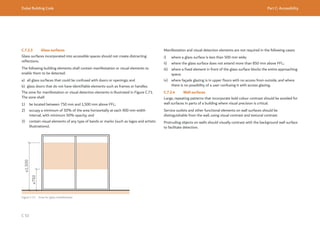 Dubai Building Code Part C: Accessibility
C 53
C.7.2.3 Glass surfaces
Glass surfaces incorporated into accessible spaces should not create distracting
reflections.
The following building elements shall contain manifestation or visual elements to
enable them to be detected:
a) all glass surfaces that could be confused with doors or openings; and
b) glass doors that do not have identifiable elements such as frames or handles.
The zone for manifestation or visual detection elements is illustrated in Figure C.71.
The zone shall:
1) be located between 750 mm and 1,500 mm above FFL;
2) occupy a minimum of 50% of the area horizontally at each 900 mm width
interval, with minimum 50% opacity; and
3) contain visual elements of any type of bands or marks (such as logos and artistic
illustrations).
Figure C.71 Zone for glass manifestation
≥1,500
≤750
Manifestation and visual detection elements are not required in the following cases:
i) where a glass surface is less than 500 mm wide;
ii) where the glass surface does not extend more than 850 mm above FFL;
iii) where a fixed element in front of the glass surface blocks the entire approaching
space;
iv) where façade glazing is in upper floors with no access from outside, and where
there is no possibility of a user confusing it with access glazing.
C.7.2.4 Wall surfaces
Large, repeating patterns that incorporate bold colour contrast should be avoided for
wall surfaces in parts of a building where visual precision is critical.
Service outlets and other functional elements on wall surfaces should be
distinguishable from the wall, using visual contrast and textural contrast.
Protruding objects on walls should visually contrast with the background wall surface
to facilitate detection.
 