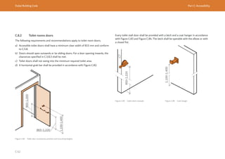 Dubai Building Code Part C: Accessibility
C 62
900-1,000
1,100-1,400
865-1,220
Figure C.82 Toilet door accessories position and mounting heights
Every toilet stall door shall be provided with a latch and a coat hanger in accordance
with Figure C.83 and Figure C.84. The latch shall be operable with the elbow or with
a closed fist.
850-1,220
1,100-1,400
Figure C.83 Cabin latch example Figure C.84 Coat hanger
C.8.2 Toilet rooms doors
The following requirements and recommendations apply to toilet room doors.
a) Accessible toilet doors shall have a minimum clear width of 815 mm and conform
to C.5.8.
b) Doors should open outwards or be sliding doors. For a door opening inwards, the
clearances specified in C.5.8.3 shall be met.
c) Toilet doors shall not swing into the minimum required toilet area.
d) A horizontal grab bar shall be provided in accordance with Figure C.82.
 