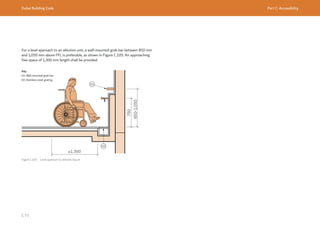 Dubai Building Code Part C: Accessibility
C 77
For a level approach to an ablution unit, a wall-mounted grab bar between 850 mm
and 1,050 mm above FFL is preferable, as shown in Figure C.105. An approaching
free space of 1,300 mm length shall be provided.
≥1,300
850-1,050
Figure C.105 Level approach to ablution faucet
Key
01: Wall mounted grab bar
02: Stainless steel grating
 