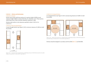 Dubai Building Code Part C: Accessibility
C 90
C.10.2.11 Kitchen and kitchenettes
C.10.2.11.1 General
Kitchen work surface shall have sections of a maximum depth of 600 mm and
maximum height of 850 mm above finish floor for wheelchair users. These sections
shall be kept clear of floor-mounted cupboards, equipment or legs.
Kitchens shall conform to the clearances specified in either C.10.2.11.2 or
C.10.2.11.3.
C.10.2.11.2 Pass-through kitchen
In pass-through kitchens (see Figure C.121) a minimum clearance of 1,200 mm shall
be provided.
Figure C.121 Clearanceforpass-throughkitchens(modifiedfigurebasedon2010ADAStandardsforAccessible
Design, US Department of Justice 2010,  Figure 804.2.1.)
≥1,200
C.10.2.11.3 U-shaped kitchen
In U-shaped kitchens (see Figure C.122) a manoeuvring clearance of 1,500 mm shall
be provided.
Figure C.122 Manoeuvring clearance for U-shaped kitchens (modified figure based on 2010 ADA Standards for
Accessible Design, US Department of Justice 2010, Figure 804.2.2. )
Kitchens should be designed in accordance with the ADA [Ref. C.2] and BS 8300.
Ø1,500 Ø1,500
 