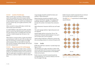Dubai Building Code Part C: Accessibility
C 101
C.11.3.2 Location of tactile maps
When a tactile map is provided, it shall be located
within the accessible route and its location shall be
indicated with a tactile orientation and warning surface.
A map should be located in a well-lit area. Obstacles in
front of a tactile map, such as glass protections, shall
be avoided.
When mounted in a busy public place, a tactile map
shall include sound information.
In a large building or open space for public use (park,
beach), a tactile map shall be located in proximity to
the main entrance area. In a building with more than
one floor, it shall be located near the stairs or the
elevator.
When fixed to a vertical surface, a tactile map shall be
centred between 1,250 mm and 1,750 mm above the
floor. On horizontal or inclined surfaces, the height
shall be between 900 mm and 1,200 mm from the
floor and the inclination shall be between 30º and 45º
from the horizontal level.
C.11.3.3 Raised characters for tactile signage
Tactile signage should be provided. Letters, numbers,
symbols and pictographs should be raised a minimum
of 0.8 mm and should be between 16 mm and 50 mm
high. If a tactile sign is mounted on a wall, its centre
should be at a maximum height of 1,500 mm above the
floor.
Long messages should be avoided for letters and
symbols in high embossment.
Raised characters should be provided for rooms’
or spaces’ identification signage. This signage shall
preferably represent a single icon or character, for
example, the number of an elevator floor, restrooms
icon.
High embossment characters shall be sans serif upper
case.
The tactile signage shall be in high embossment and
not engraved.
Symbol height shall be not less than 30 mm. The
embossment thickness shall be between 2 mm and 5
mm for letters and 2 mm for symbols.
Tactile surfaces shall have a reflectance contrast with
the surrounding surfaces of a minimum 50 points LRV.
C.11.4 Braille
Braille dots shall have a domed or rounded shape (see
Figure C.131).
The indication of an upper case letter or letters shall
only be used before the first word of sentences, proper
nouns and names, individual letters of the alphabet,
initials and acronyms.
Braille characters should be located beneath the
corresponding text, at a minimum distance of 10 mm
from the edge of the sign.
Braille characters shall be separated 10 mm minimum
from any other tactile characters or borders.
The ADA [Ref. C.2] requirements for Braille signage
may be followed.
Figure C.131 Example of Braille characters
Top view
Side view
 